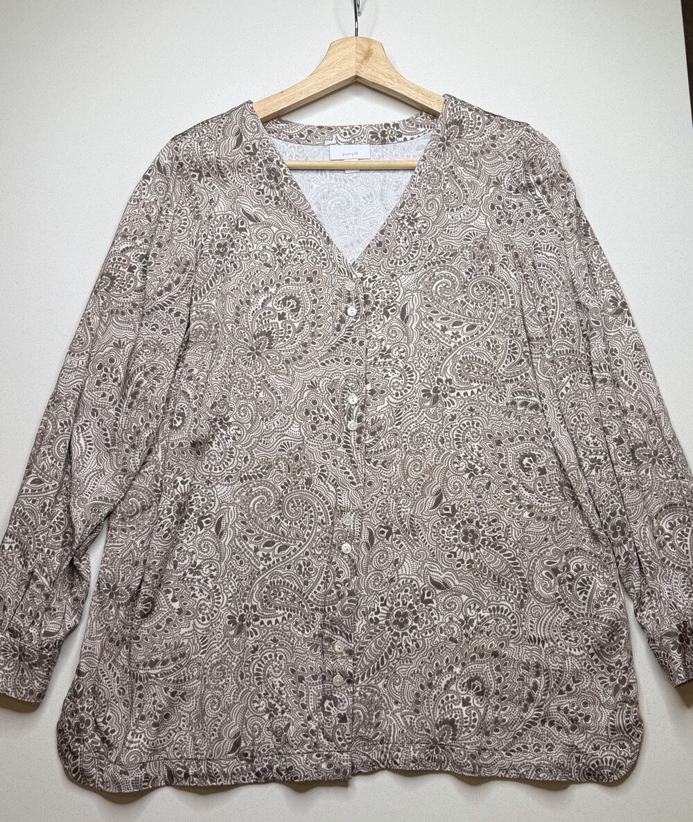 Pure Jill Blouse Womens Size S Beige Paisley Button Front Lenzing Ecovero V-neck